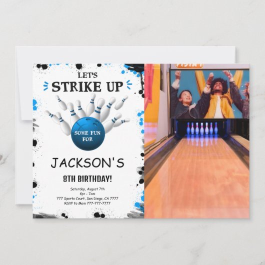 Blue Bowling Foto Einladung (Vorderseite)