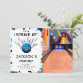 Blue Bowling Foto Einladung (Stehend Vorderseite)