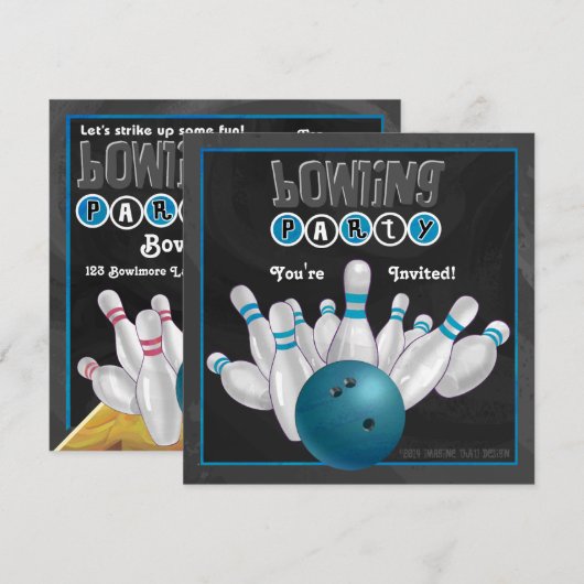 Blue Bowling Party Einladung (Vorne/Hinten)