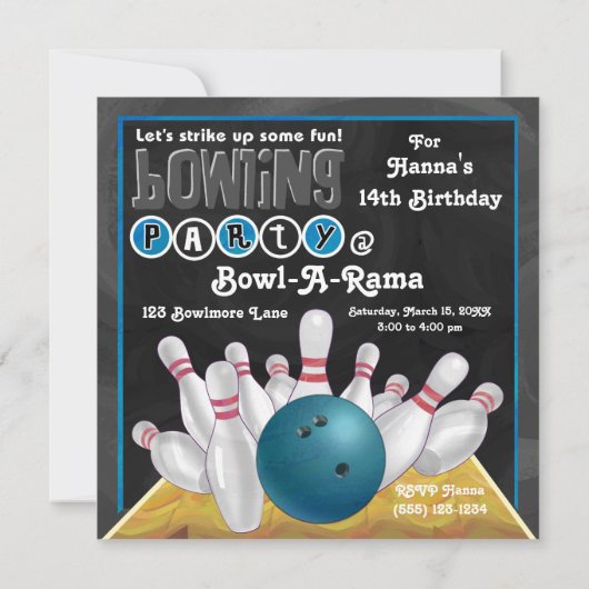 Blue Bowling Party Einladung (Rückseite)