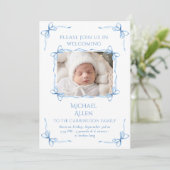 Blue Bows Baby Boy Foto Geburtskarte Ankündigung (Stehend Vorderseite)