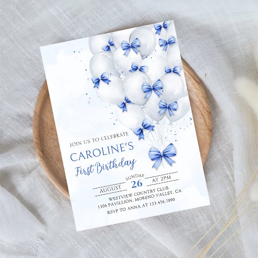 Blue Bows Balloons Einladung zum Geburtstag