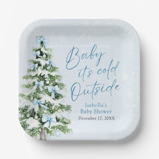 Blue Bows Boy Baby It's Cold Outside Baby Dusche Pappteller (Vorderseite)