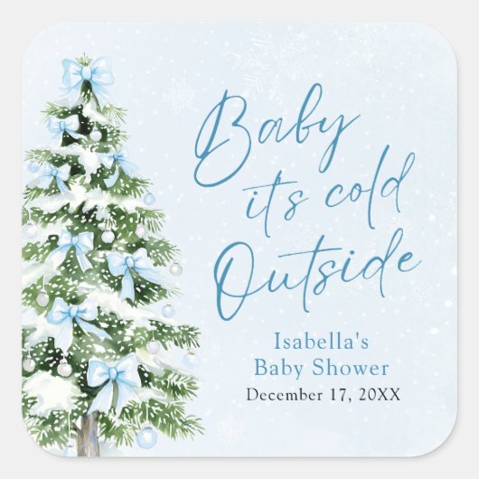 Blue Bows Boy Baby It's Cold Outside Baby Dusche Quadratischer Aufkleber (Vorderseite)