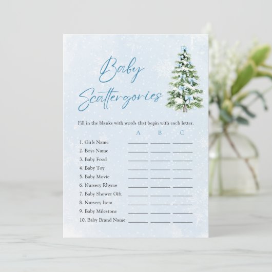 Blue Bows Christmas Baby Shower Scattergories Game Einladung (Stehend Vorderseite)