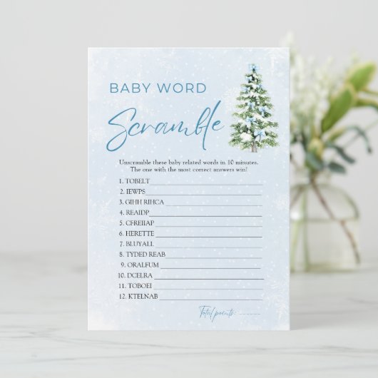Blue Bows Christmas Tree Baby Word Scramble Game Einladung (Stehend Vorderseite)