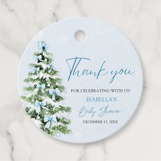 Blue Bows Christmas Tree Boy Winter Baby Shower Geschenkanhänger (Vorderseite)