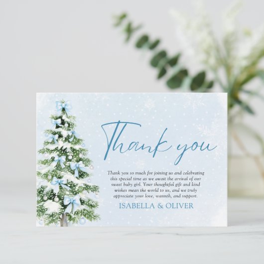 Blue Bows Christmas Tree Winter Thank you card Dankeskarte (Stehend Vorderseite)