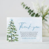 Blue Bows Christmas Tree Winter Thank you card Einladung (Stehend Vorderseite)