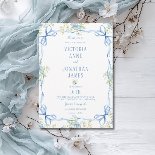 Blue Bows Ribbons & Floral Frame Wedding Einladung