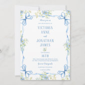Blue Bows Ribbons & Floral Frame Wedding Einladung (Vorderseite)
