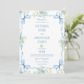 Blue Bows Ribbons & Floral Frame Wedding Einladung (Stehend Vorderseite)