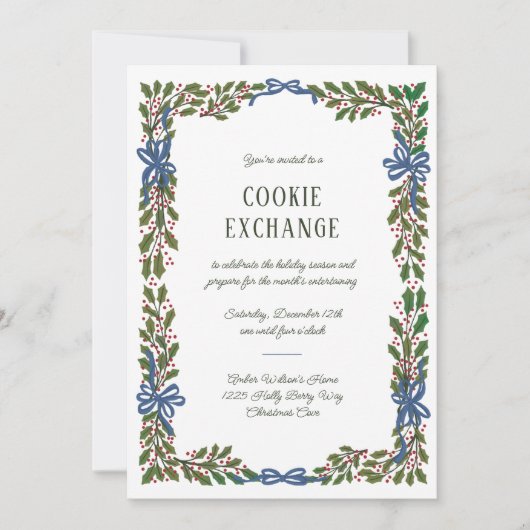 Blue Bows und Holly Garland Einladung (Vorderseite)