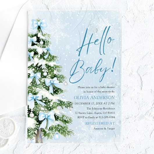 Blue Bows Weihnachtsbaum Hello Baby Shower Acryleinladungen