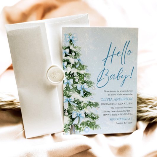 Blue Bows Weihnachtsbaum Hello Baby Shower Einladung