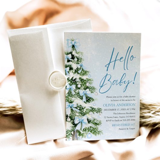 Blue Bows Weihnachtsbaum Hello Baby Shower Einladung