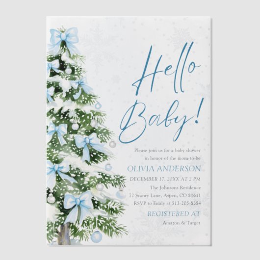 Blue Bows Weihnachtsbaum Hello Baby Shower Pergament Einladungen (Vorderseite)