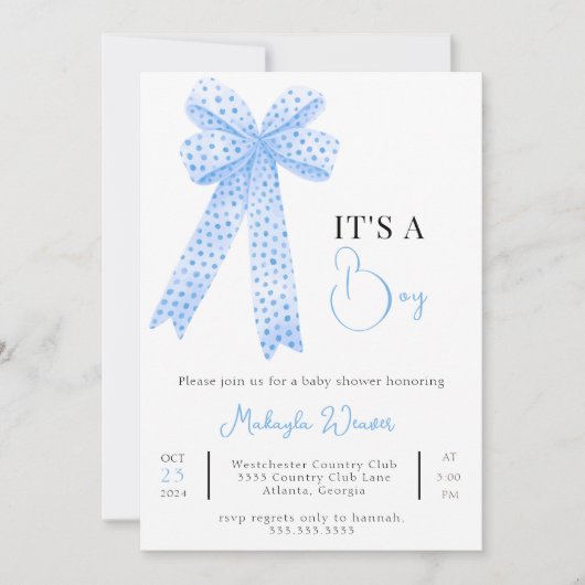 Blue BowTemplate Printabl Baby Boy Shower Einladung (Vorderseite)
