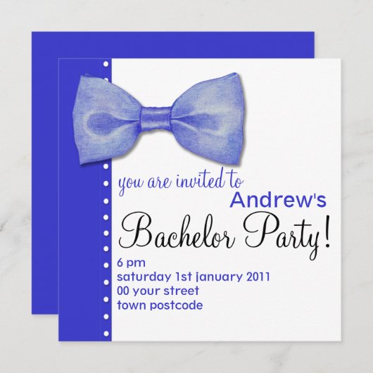 Blue BowTie Bachelor Party Einladung (Vorne/Hinten)