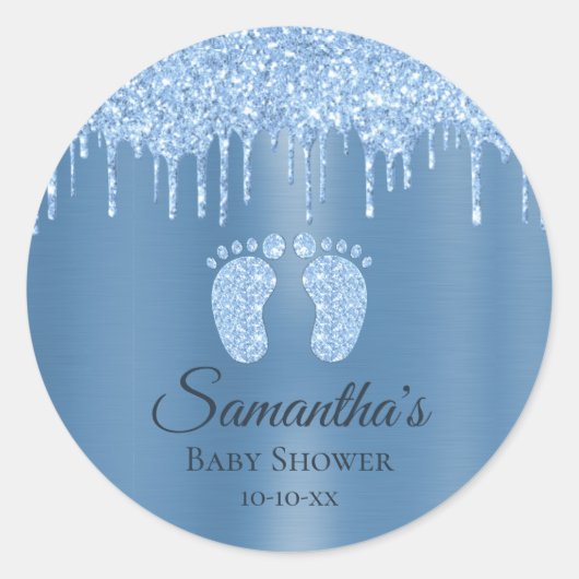 Blue Boy Baby Shower Baby Feet Glitzer Classic Rou Runder Aufkleber (Vorderseite)