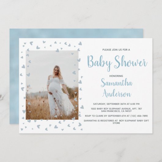 Blue Boy Baby Shower Elegantes Dusty Heart Foto Einladung (Vorne/Hinten)