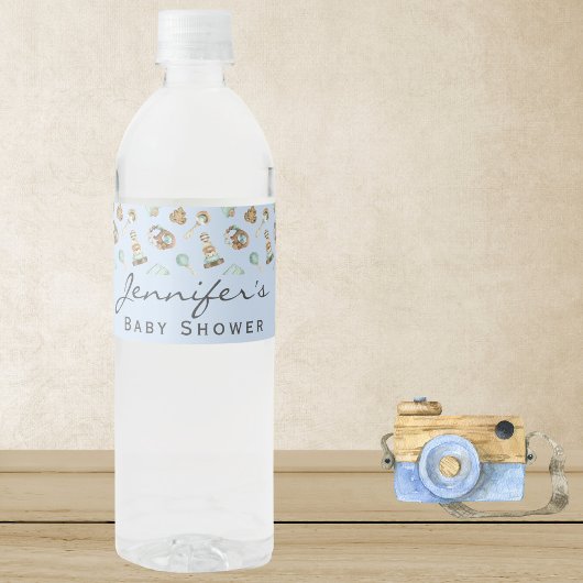 Blue Boy Baby Shower Vintag Tower Wasserflaschenetikett