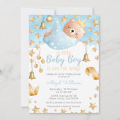 Blue Boy Bear auf dem Weg, Gold Stars Baby Dusche Einladung (Vorderseite)