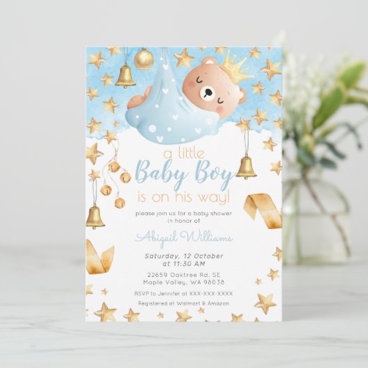 Blue Boy Bear auf dem Weg, Gold Stars Baby Dusche Einladung (Stehend Vorderseite)