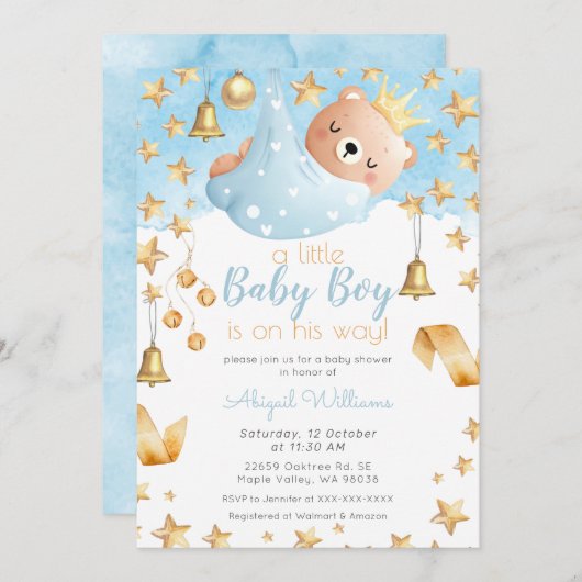 Blue Boy Bear auf dem Weg, Gold Stars Baby Dusche Einladung (Vorne/Hinten)