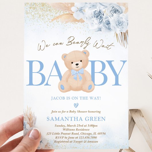 Blue Boy Bear Boho Baby Dusche Einladung