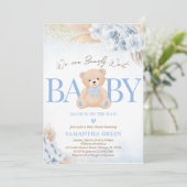 Blue Boy Bear Boho Baby Dusche Einladung (Stehend Vorderseite)