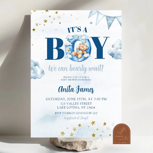 Blue Boy Bearly Wait Baby Dusche Einladung