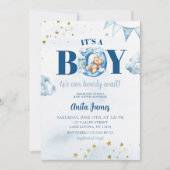 Blue Boy Bearly Wait Baby Dusche Einladung (Vorderseite)