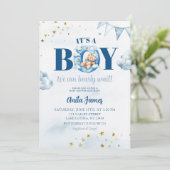 Blue Boy Bearly Wait Baby Dusche Einladung (Stehend Vorderseite)