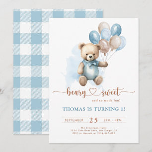 Blue Boy Beary Sweet 1. Geburtstag Kariert Teddy B Einladung