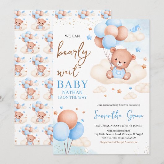 Blue Boy Boho Bear Baby Dusche Einladung (Vorne/Hinten)