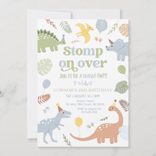 Blue Boy Boho Dinosaur Geburtstag Einladung (Vorderseite)