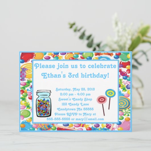 Blue Boy Candy Shop Einladung (Stehend Vorderseite)
