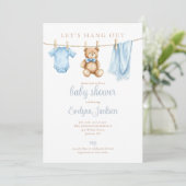 Blue Boy Clothesline Baby Shower Photo QR Code Einladung (Stehend Vorderseite)