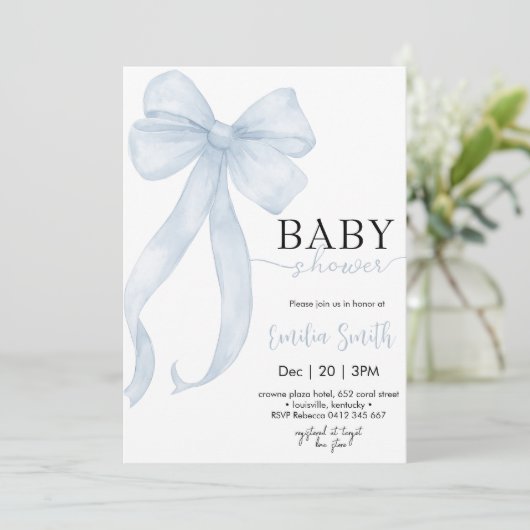 Blue Boy Coquette Bow Baby Dusche Einladung (Stehend Vorderseite)