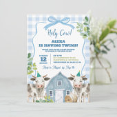 Blue Boy Cow Twins Baby Dusche Einladung (Stehend Vorderseite)