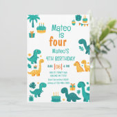 Blue Boy Dinosaur 4. Geburtstag Einladung (Stehend Vorderseite)