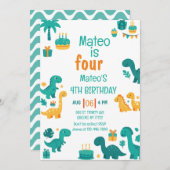 Blue Boy Dinosaur 4. Geburtstag Einladung (Vorne/Hinten)