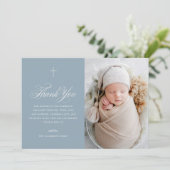Blue Boy Elegant Cross Kalligraphie Foto Taufe Dankeskarte (Stehend Vorderseite)