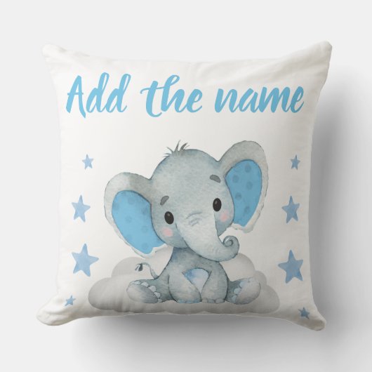 Blue Boy Elephant mit Name Stars Throw Kissen (Vorderseite)