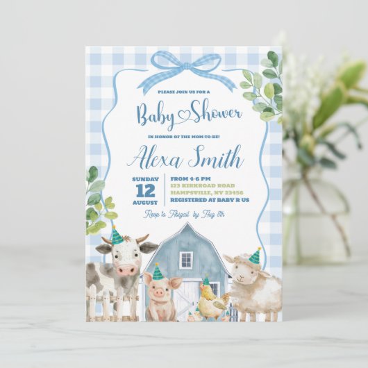 Blue Boy Farm Baby Dusche Einladung (Stehend Vorderseite)