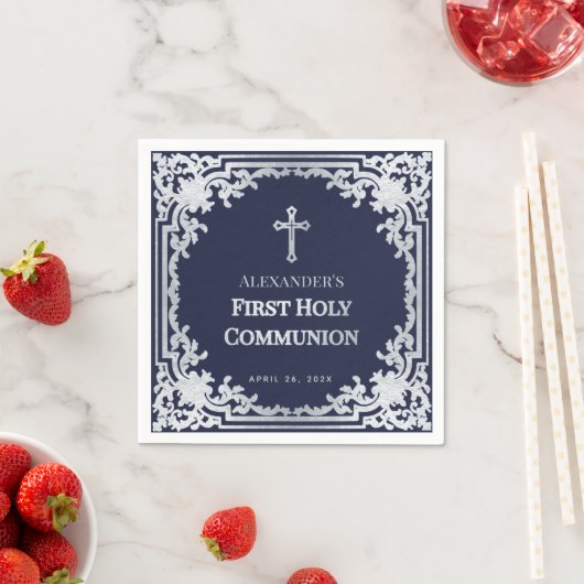 Blue Boy First Communion Elegante Imitate Silver Serviette (Beispiel)