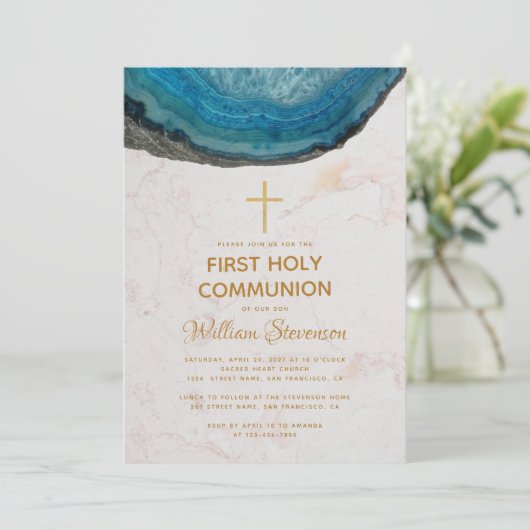 Blue Boy First Communion Geode Marble Gold Cross Einladung (Stehend Vorderseite)