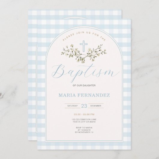 Blue Boy Moderne Wildblumen Christening Gingham Einladung (Vorne/Hinten)