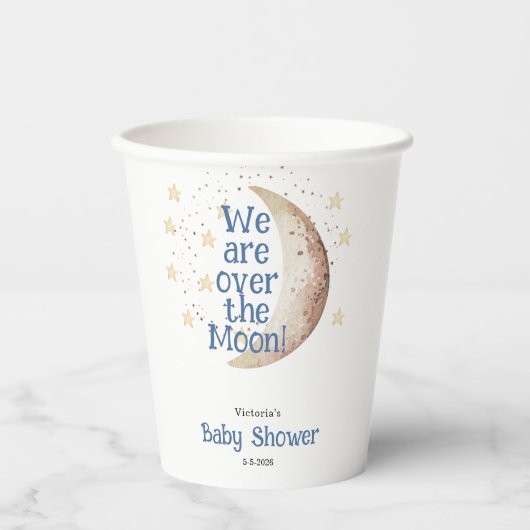 Blue Boy Moon Baby Dusche Pappbecher (Vorderseite)